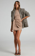 Marleen Mini Dress - Wrap Front Long Sleeve Bodycon Dress in Biscuit