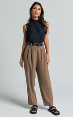 Delailah Pants - Tailored High Waisted Pleat Front Tapered Leg in Cappuccino