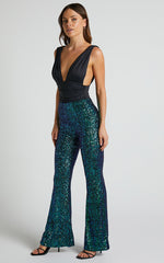 Deliza Pants - Mid Waisted Sequin Flare Pants in Mermaid Teal