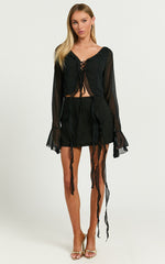 Diana Two Piece Set - Ruffle Long Sleeve Top And Mini Skirt in Black