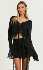 Diana Two Piece Set - Ruffle Long Sleeve Top And Mini Skirt in Black