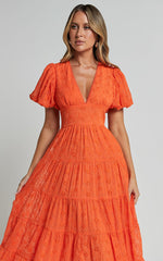 Divora Midi Dress - Plunge Balloon Sleeve Tiered Dress in Orange