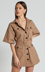 Elena Mini Dress - Wide Sleeve Utility Dress in Mocha