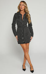 Enriquetta Mini Dress - Cotton Denim Long Sleeve Button Up Dress in Washed Black