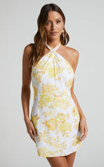 Faran Mini Dress - Crossover Halter Backless Dress in Yellow Floral