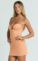 Frances Mini Linen Blend Dress - Ruched Lace Up Back Dress in Orange