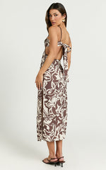Gibson Midi Dress - Linen Scoop Neck Back Tie Dress in Tonal Stencil Floral