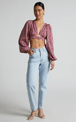 Glenda Blouse - Puff Sleeve Cut Out Open Back Blouse in Red Floral