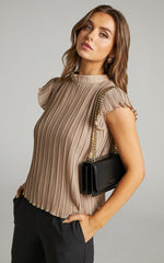 Harlow Top - High Neck Pleated Workwear Top in Beige