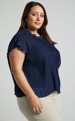 Harlow Top - High Neck Pleated Workwear Top in Navy