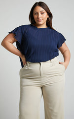 Harlow Top - High Neck Pleated Workwear Top in Navy