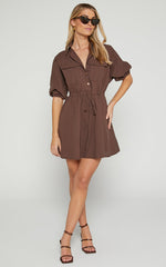 Holly Utility Tie Waist Mini Dress in Chocolate