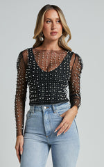 Illiana Top - Pearl Mesh Gathered Long Sleeve Top in Black
