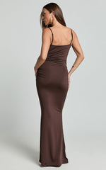 Imogen Maxi Dress - Strappy Ruched Slip Dress in Chocolate