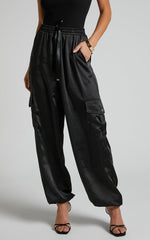 Jadeiah Pants - Mid Rise Cargo Pocket Satin Jogger Pant in Black