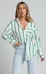 Jaycey Shirt - Long Sleeve Pocket Detail Shirt in WHITE AND GREEN STRIPE