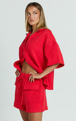 Kahlani Two Piece Set - Collared Short Sleeve and High Waisted Shorts in Red