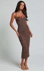 Leanor Midi Dress - Mesh Ruched Bustier Bodycon Dress in Chocolate