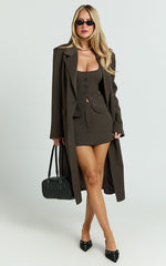 Lorena Coat - Double Breasted Longline Jacket in Dark Brown