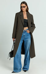 Lorena Coat - Double Breasted Longline Jacket in Dark Brown