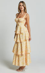 Lorma Midi Dress - Ruched Layered Dress in Orange Floral
