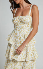 Lorma Midi Dress - Ruched Layered Dress in Yellow