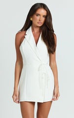 Lorraine Playsuit - Halter Neck Bow Front Backless Playsuit in White