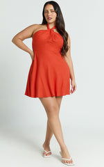 Louie Mini Dress - Linen Halter Neck Dress in Orange