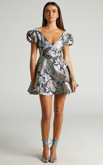 Brailey Jacquard Mini Dress - Puff Sleeve Dress in Sage