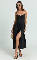 Maddie Midi Dress - Sweetheart Fit And Flare Gathered Dress in Black