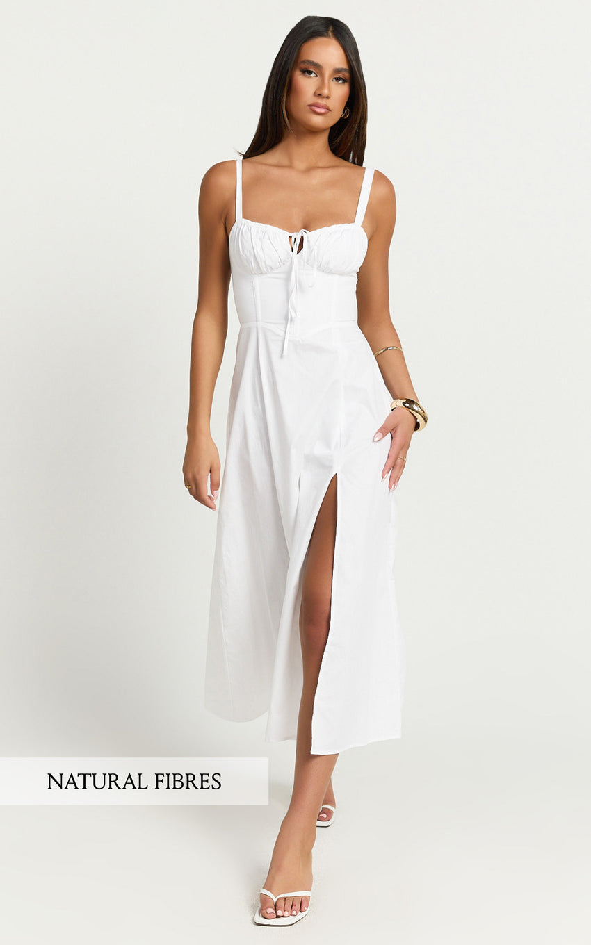 Maiya Midi Dress - Tie Front Fitted Bodice Dress in White