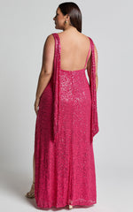 Malisha Maxi Dress - Sequin Cowl Neck Backless Dress in Pink