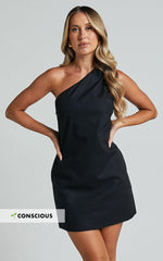 Mardelle Mini Dress - Linen One Shoulder Shift Dress in Black