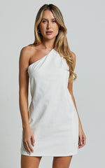 Mardelle Mini Dress - Linen One Shoulder Shift Dress in White