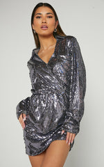 Marija Mini Dress - Sequin Wrap Shirt Dress in Gunmetal