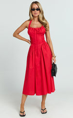 Marikris Midi Dress - Ruched Bust Halter Neck Dress in Red
