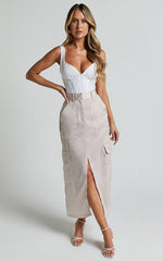 Mariya Midi Skirt - High Waisted Front Split Cargo Skirt in Pearl
