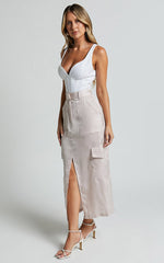 Mariya Midi Skirt - High Waisted Front Split Cargo Skirt in Pearl
