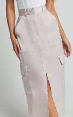 Mariya Midi Skirt - High Waisted Front Split Cargo Skirt in Pearl