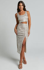 Masha Two Piece Set - Sequin Crop Top and High Waisted Midi Skirt Set in Champagne
