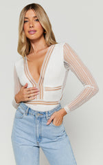 Masharie Bodysuit - Plunge Neck Open Back Lace Bodysuit in White