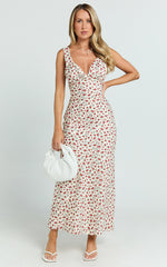 Mauriel Midi Dress - Deep V Gathered Bust Slip Dress in Red Floral