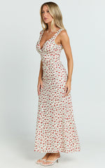 Mauriel Midi Dress - Deep V Gathered Bust Slip Dress in Red Floral