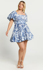 Mira Mini Dress - Square Neck Balloon Sleeve Dress in Blue Floral