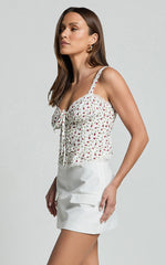 Naya Top - Button Down Tie Front Milk Maid Corset Top in Cream Rose Print