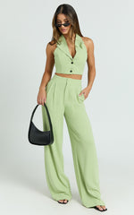 Nellis Two Piece Set - Linen Look Halter Vest and High Waisted Pants Set in Light Green