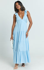 Nicollee Midi Linen Blend Dress - Plunge Neck Sleeveless Tiered Dress in Blue