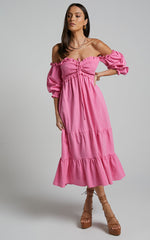 Nikka Midi Linen Blend Dress - Shirred Off Shoulder Puff Sleeve Dress in Pink
