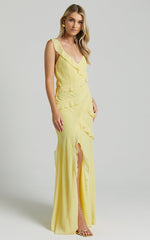 Nitha Maxi Dress - Asymmetrical Frill Thigh Split Dress in Lemon