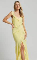 Nitha Maxi Dress - Asymmetrical Frill Thigh Split Dress in Lemon